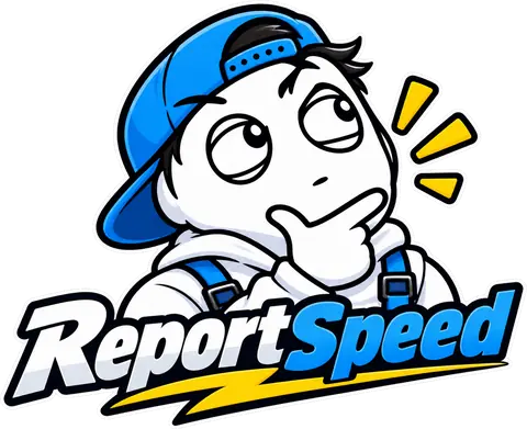 ReportSpeedMan, the ReportSpeed mascot, thinking with a hand on his chin