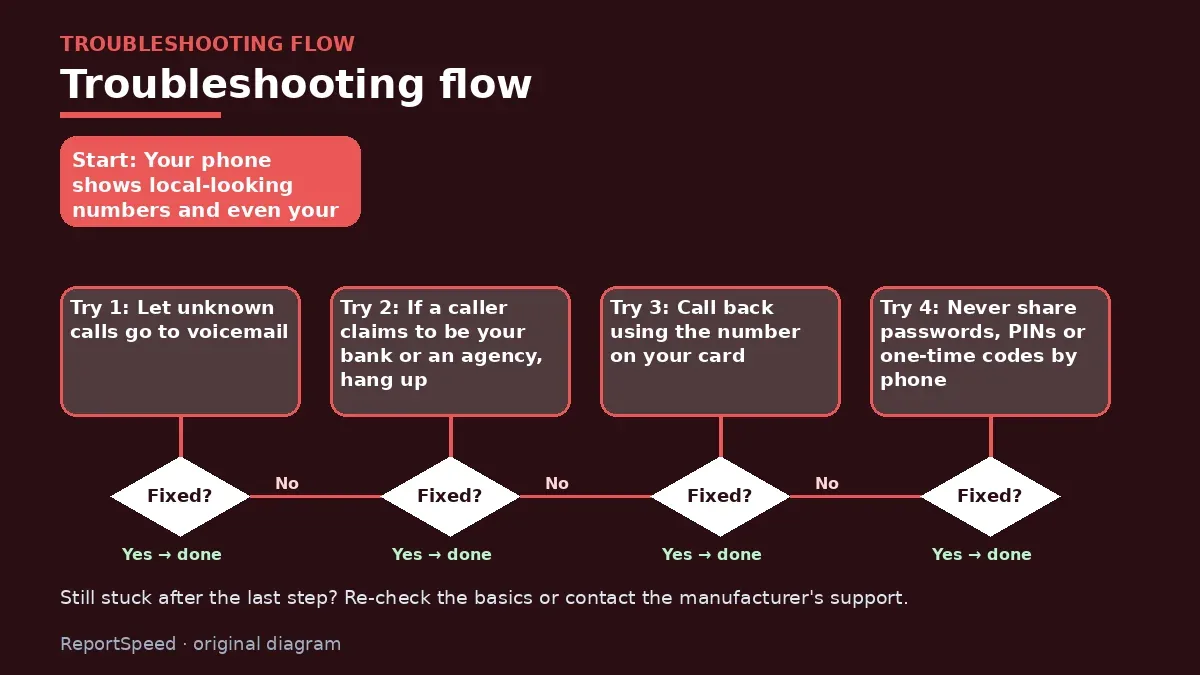 Troubleshooting flowchart: try each step in order and stop when it is fixed — Caller ID spoofing