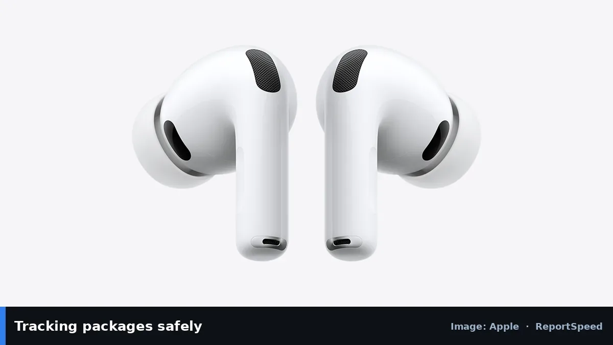 AirPods Pro (Apple official image), annotated: Tracking packages safely