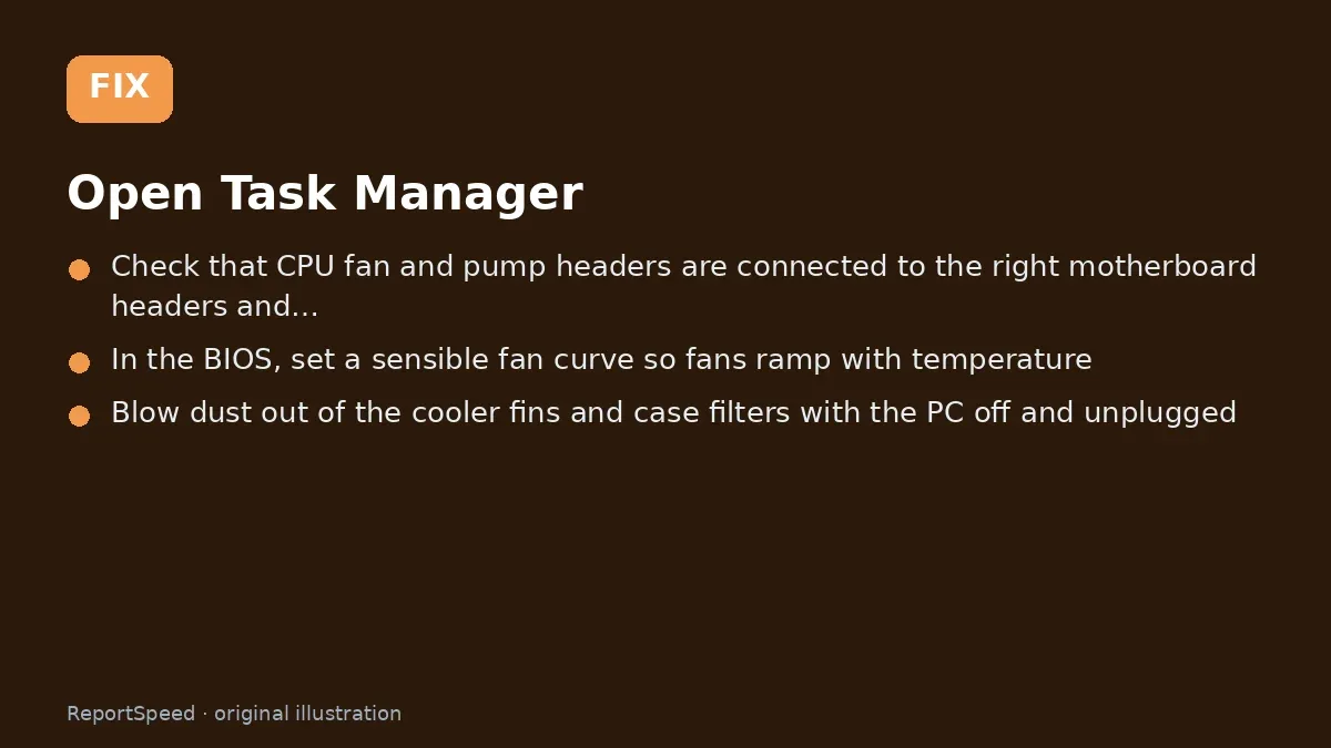 Fix steps: Open Task Manager; Check that CPU fan and pump headers are connected to the…; In the BIOS
