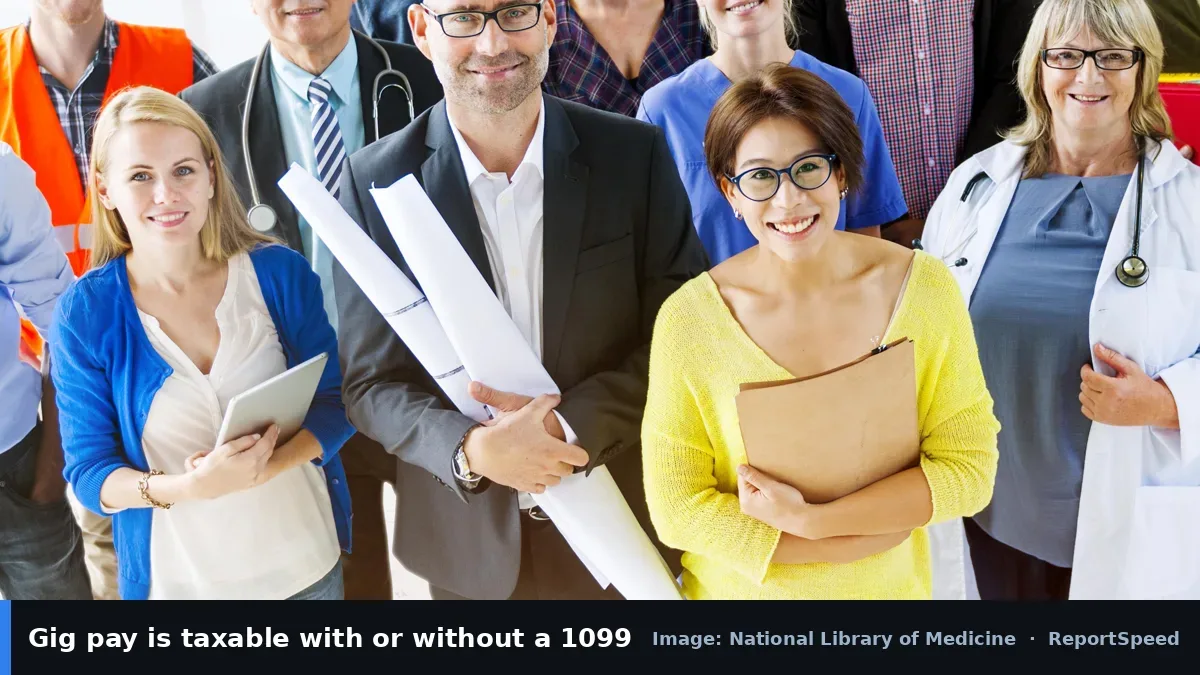 MedlinePlus group of workers (National Library of Medicine official image), annotated: Gig pay is taxable with or without a 1099