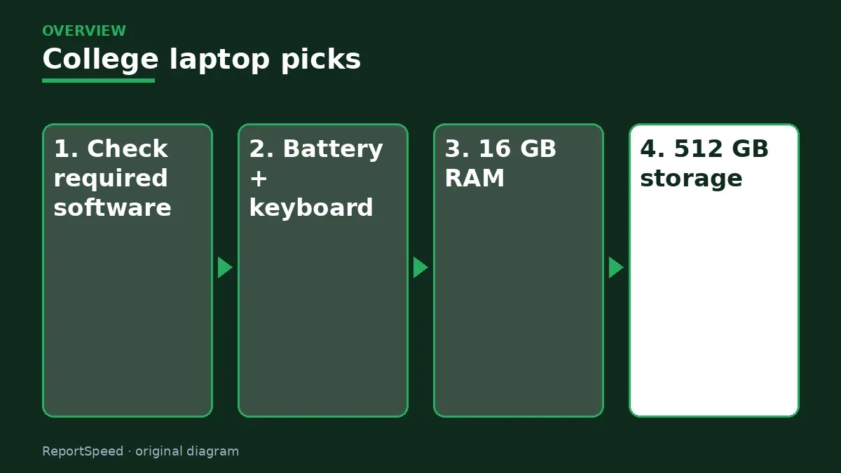 Overview diagram: College laptop picks — Check required software; Battery + keyboard; 16 GB RAM; 512 GB storage