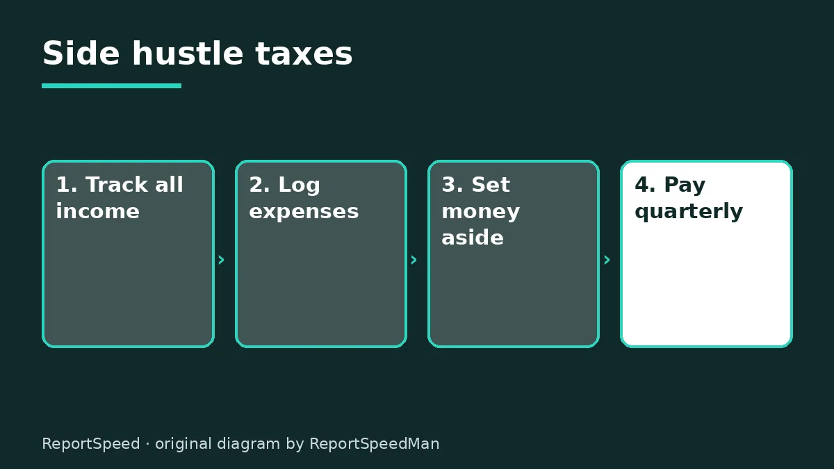 Diagram: Side hustle taxes — Track all income; Log expenses; Set money aside; Pay quarterly