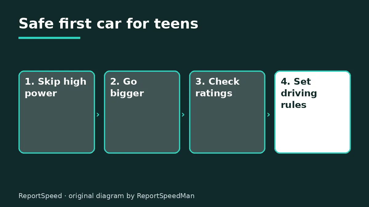 Diagram: Safe first car for teens — Skip high power; Go bigger; Check ratings; Set driving rules