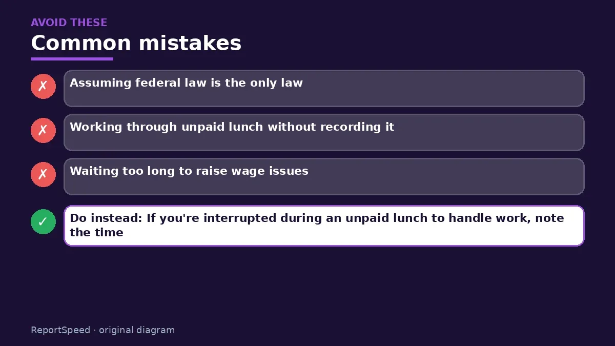 Callout graphic of common mistakes to avoid and what to do instead for Is my employer required to give me breaks or a lunch break