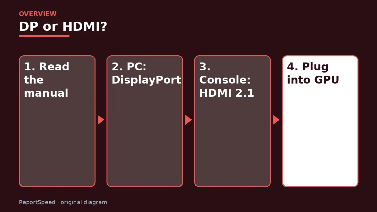 Overview diagram: DP or HDMI? — Read the manual; PC: DisplayPort; Console: HDMI 2.1; Plug into GPU