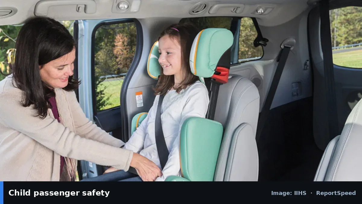 IIHS photo of a parent securing a child in a car seat (IIHS official image), annotated: Child passenger safety