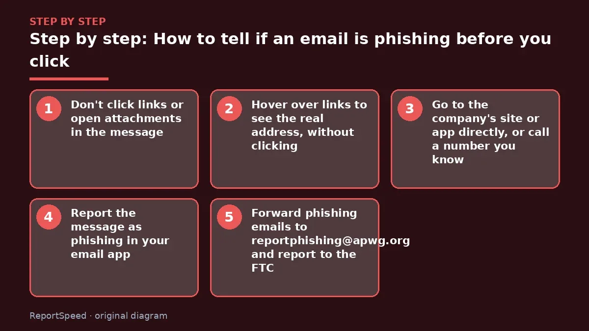 Step illustration: numbered steps for How to tell if an email is phishing before you click