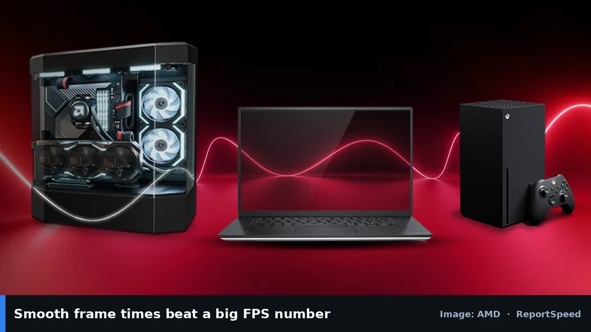 AMD FreeSync gaming setup (AMD official image), annotated: Smooth frame times beat a big FPS number