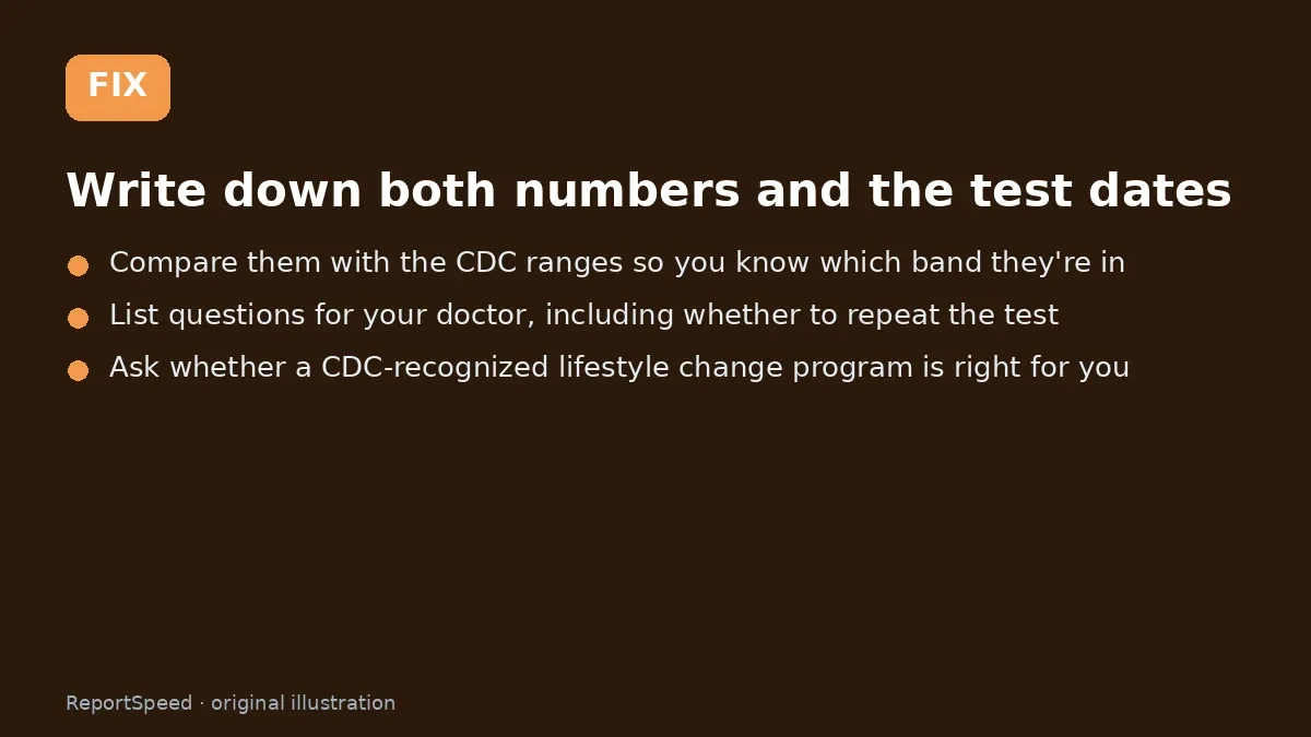 Fix steps: Write down both numbers and the test dates; Compare them with the CDC ranges so you know which band…; List questions for your doctor