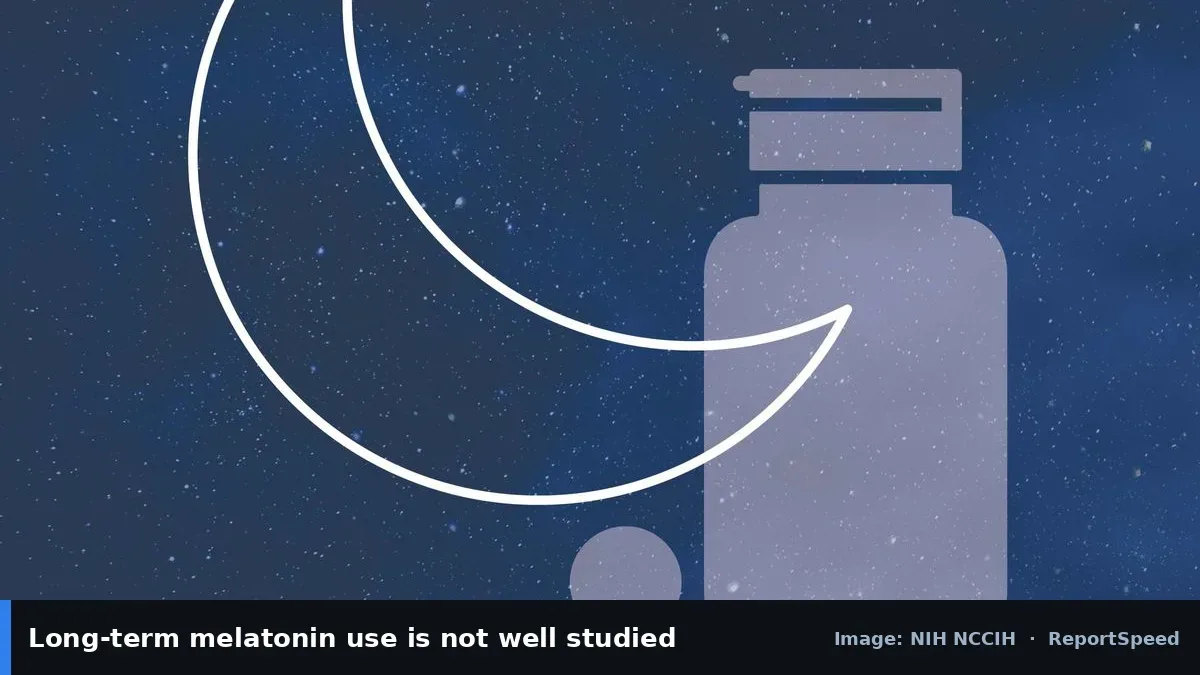 NCCIH illustration of a moon and supplement bottle (NIH NCCIH official image), annotated: Long-term melatonin use is not well studied