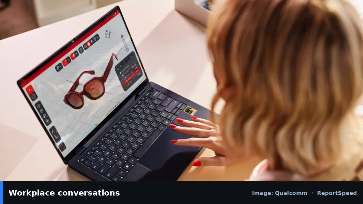Snapdragon laptop in use (Qualcomm official image), annotated: Workplace conversations