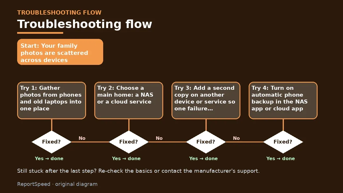 Troubleshooting flowchart: try each step in order and stop when it is fixed — Home NAS vs cloud storage for family photos