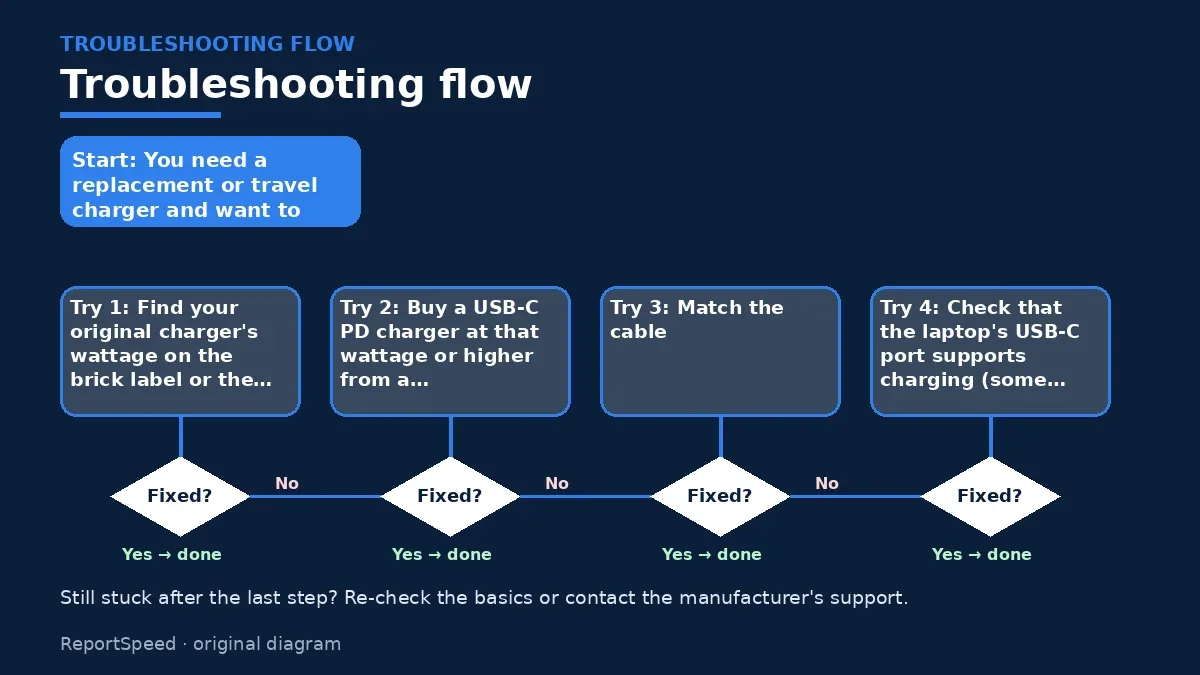 Troubleshooting flowchart: try each step in order and stop when it is fixed — What wattage USB-C charger do I need for my laptop