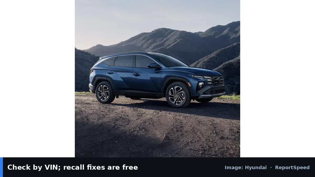 Hyundai Tucson SUV (Hyundai official image), annotated: Check by VIN; recall fixes are free