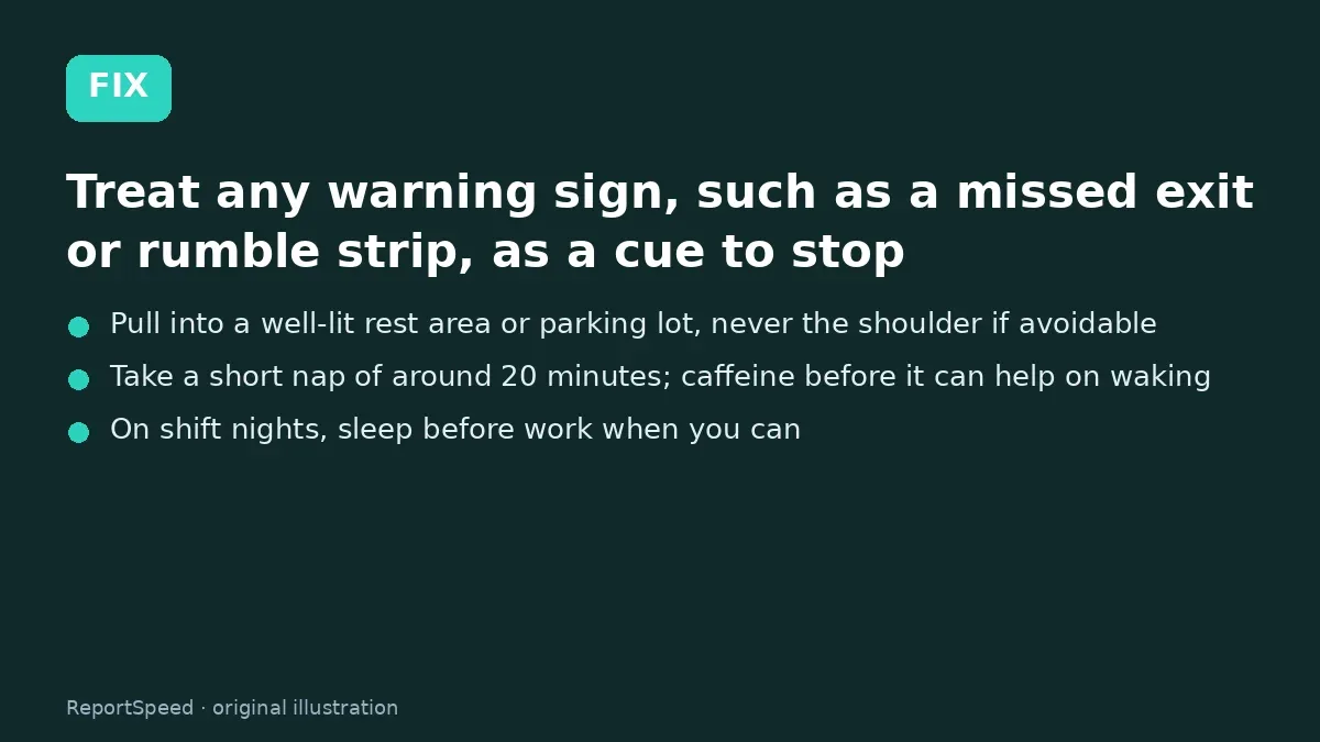 Fix steps: Treat any warning sign; Pull into a well-lit rest area or parking lot; Take a short nap of around 20 minutes