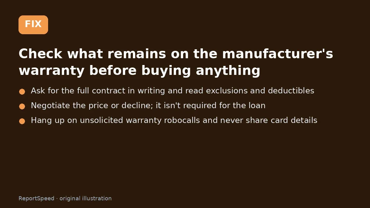 Fix steps: Check what remains on the manufacturer's warranty before…; Ask for the full contract in writing and read exclusions…; Negotiate the price or decline