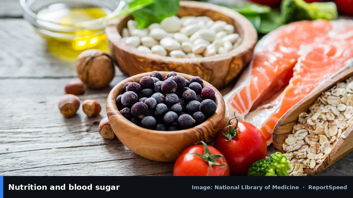 MedlinePlus image of healthy foods (National Library of Medicine official image), annotated: Nutrition and blood sugar