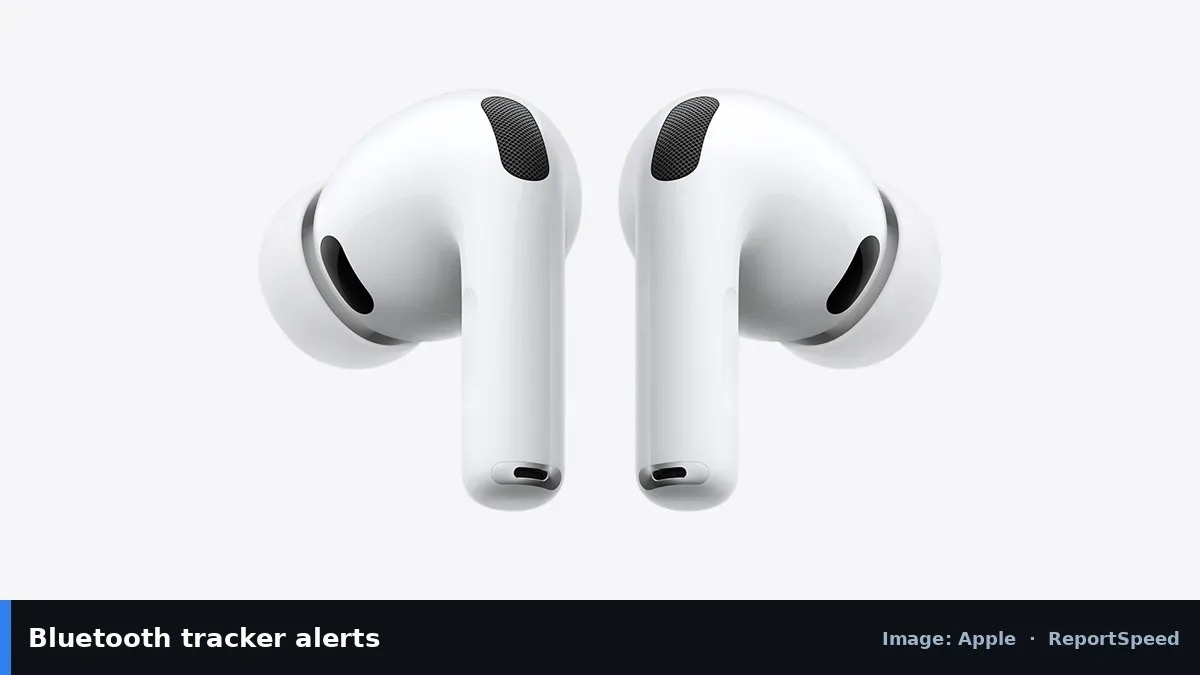 AirPods Pro (Apple official image), annotated: Bluetooth tracker alerts