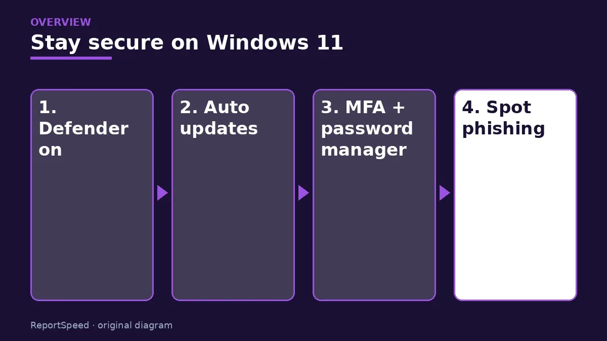 Overview diagram: Stay secure on Windows 11 — Defender on; Auto updates; MFA + password manager; Spot phishing