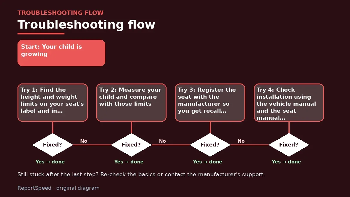 Troubleshooting flowchart: try each step in order and stop when it is fixed — Which car seat does my child need at each age