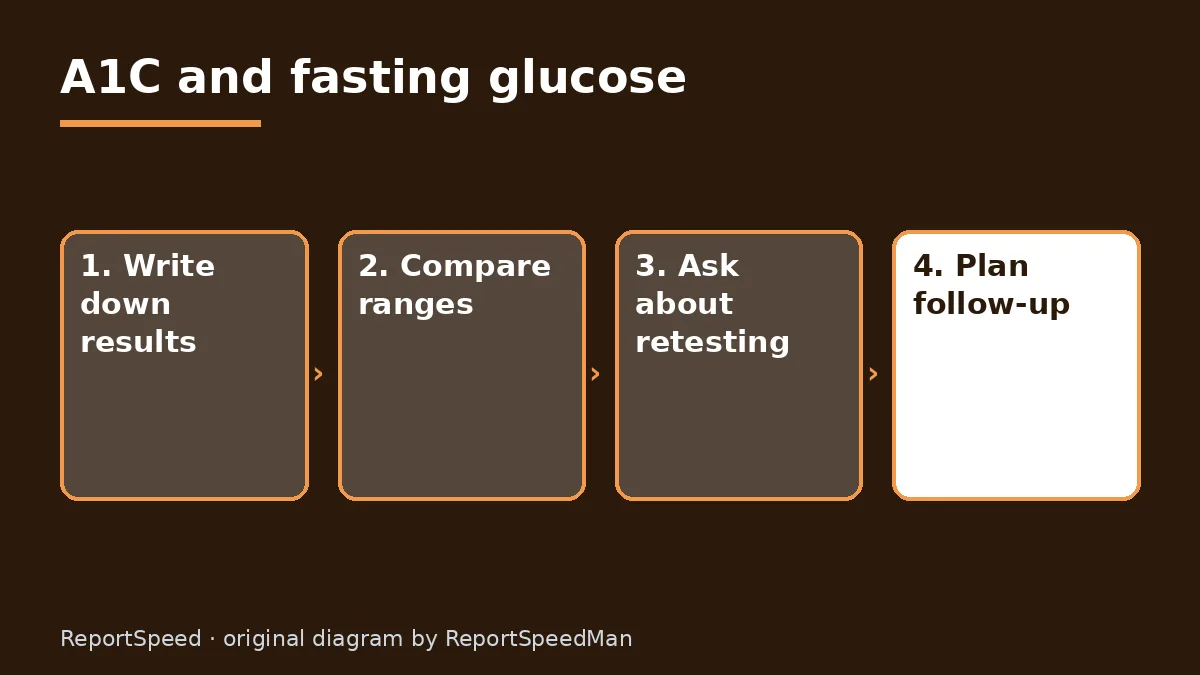 Diagram: A1C and fasting glucose — Write down results; Compare ranges; Ask about retesting; Plan follow-up