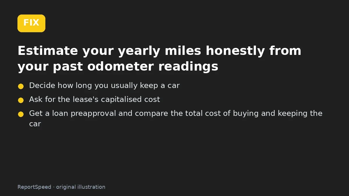 Fix steps: Estimate your yearly miles honestly from your past odometer…; Decide how long you usually keep a car; Ask for the lease's capitalised cost