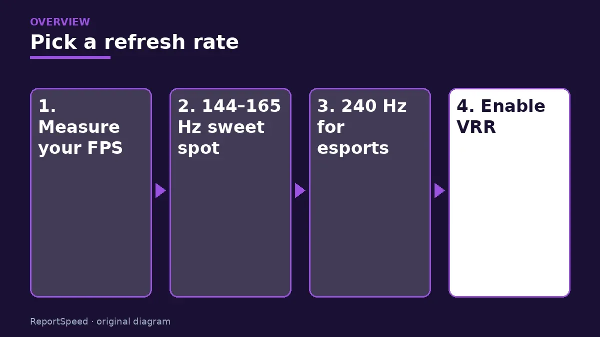 Overview diagram: Pick a refresh rate — Measure your FPS; 144–165 Hz sweet spot; 240 Hz for esports; Enable VRR
