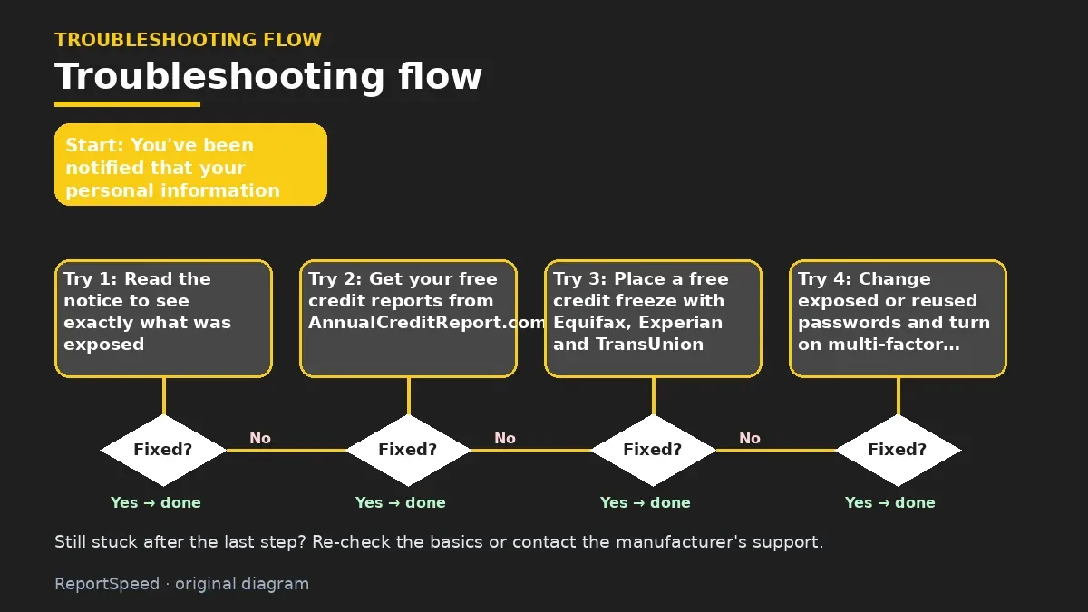 Troubleshooting flowchart: try each step in order and stop when it is fixed — Got a data breach notice