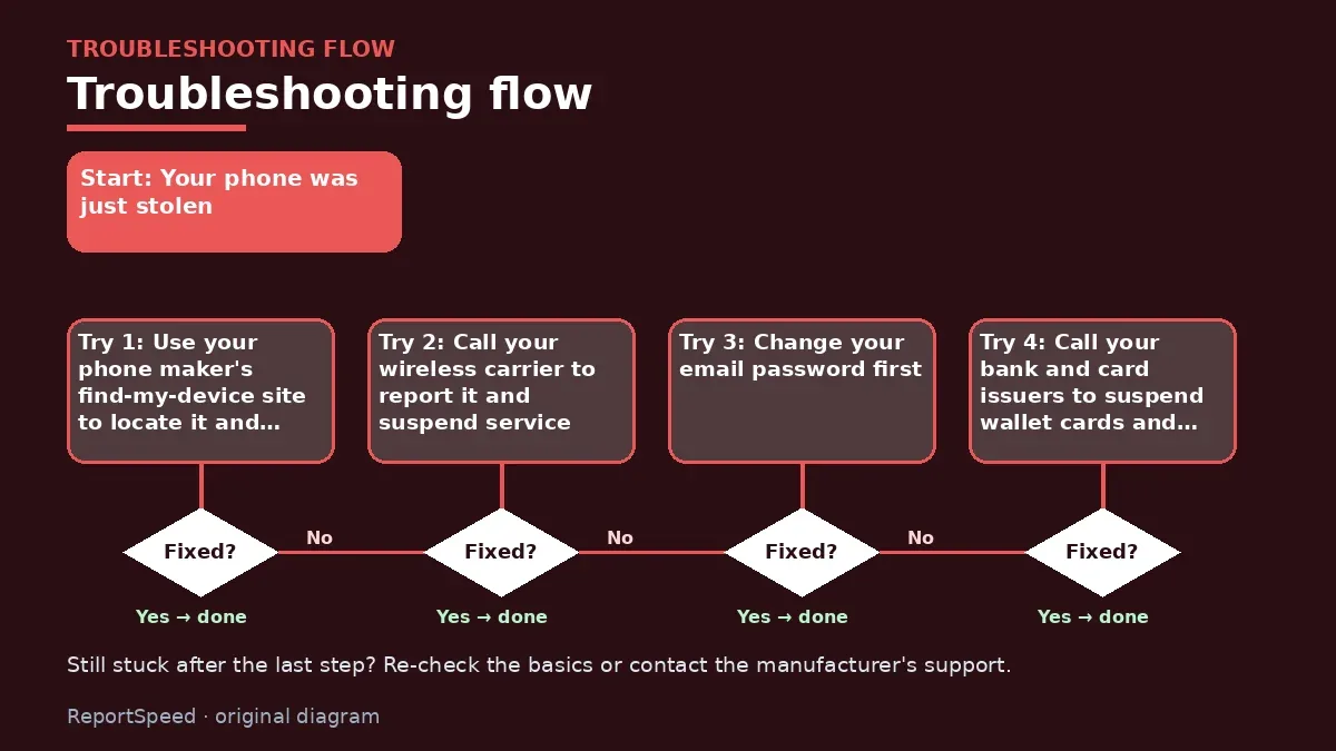 Troubleshooting flowchart: try each step in order and stop when it is fixed — Lost or stolen phone
