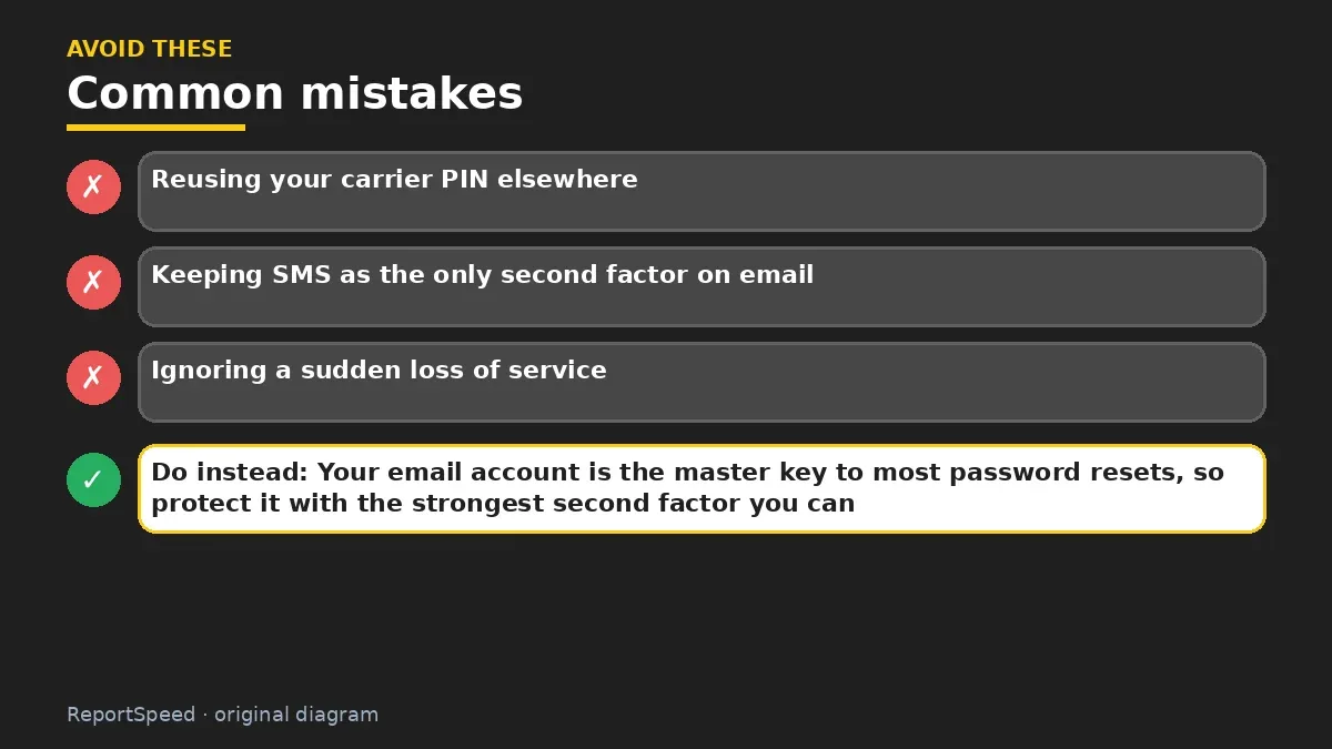 Callout graphic of common mistakes to avoid and what to do instead for How do I protect my phone number from a SIM swap scam