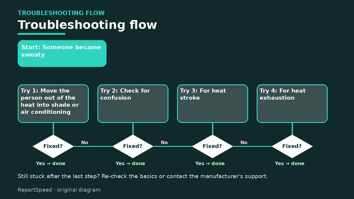 Troubleshooting flowchart: try each step in order and stop when it is fixed — Heat exhaustion vs heat stroke