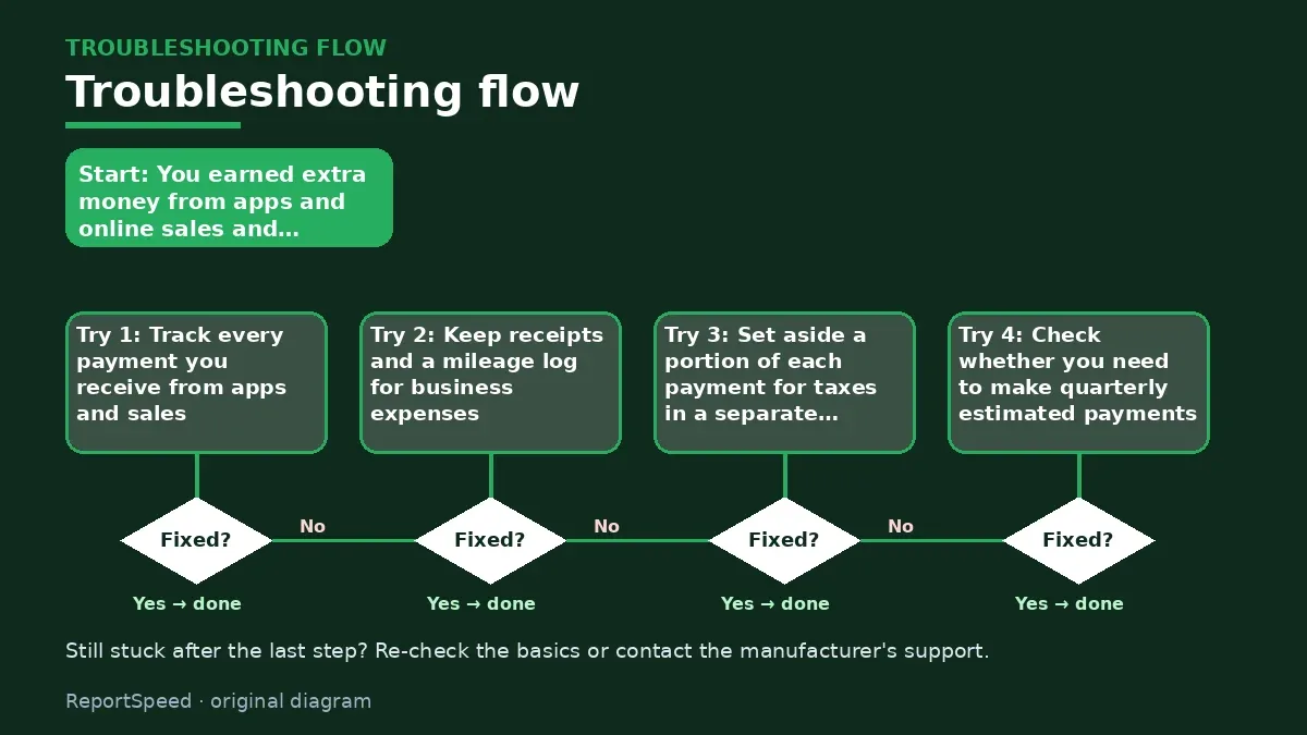 Troubleshooting flowchart: try each step in order and stop when it is fixed — Side hustle taxes
