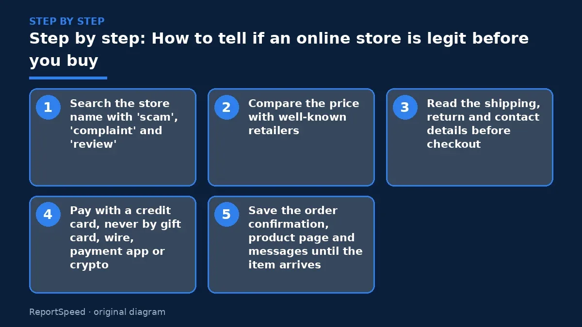 Step illustration: numbered steps for How to tell if an online store is legit before you buy