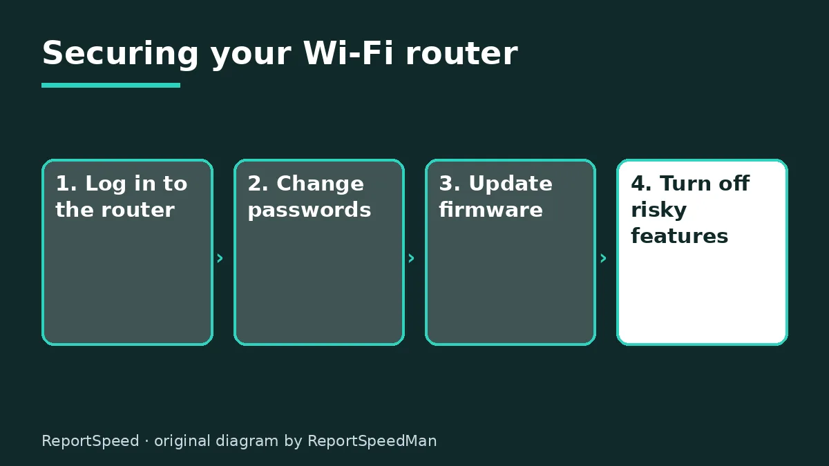 Diagram: Securing your Wi-Fi router — Log in to the router; Change passwords; Update firmware; Turn off risky features