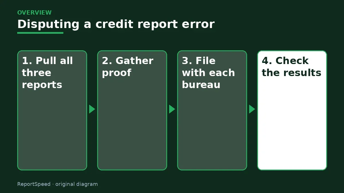 Overview diagram: Disputing a credit report error — Pull all three reports; Gather proof; File with each bureau; Check the results