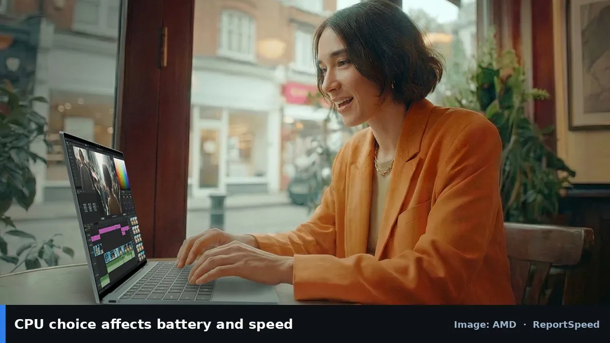 Laptop with AMD Ryzen processor (AMD official image), annotated: CPU choice affects battery and speed