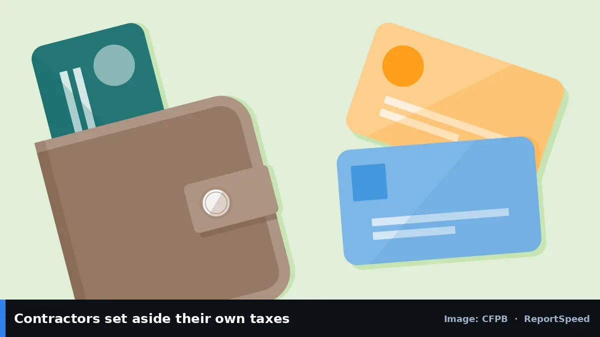 CFPB illustration of a wallet and payment cards (CFPB official image), annotated: Contractors set aside their own taxes