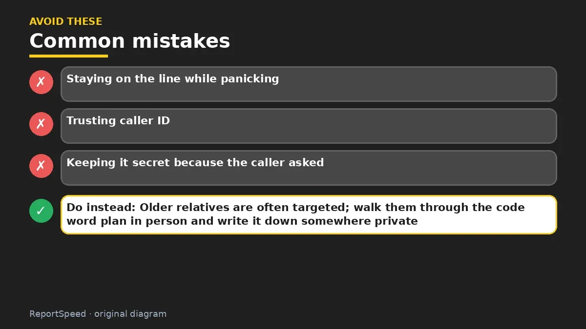 Callout graphic of common mistakes to avoid and what to do instead for Could a scammer clone my family's voice with AI