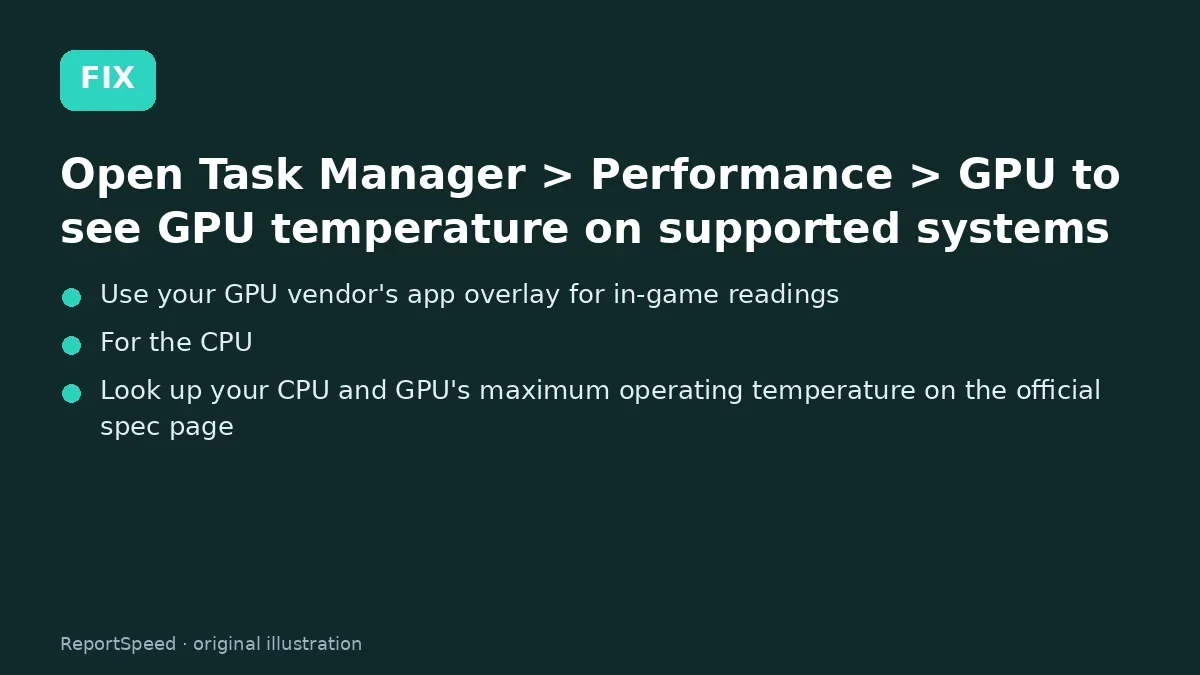Fix steps: Open Task Manager > Performance > GPU to see GPU…; Use your GPU vendor's app overlay for in-game readings; For the CPU