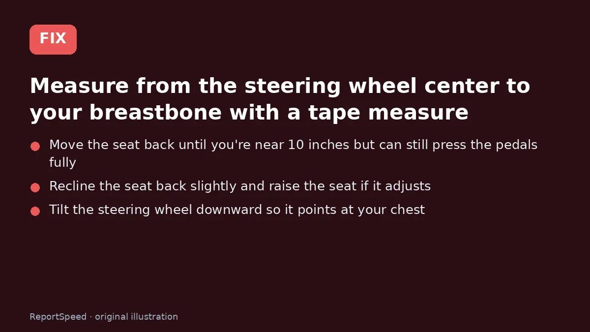 Fix steps: Measure from the steering wheel center to your breastbone…; Move the seat back until you're near 10 inches but can…; Recline the seat back slightly and raise the seat if it…
