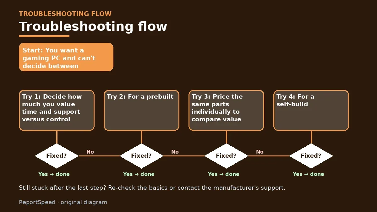 Troubleshooting flowchart: try each step in order and stop when it is fixed — Build or buy a prebuilt gaming PC