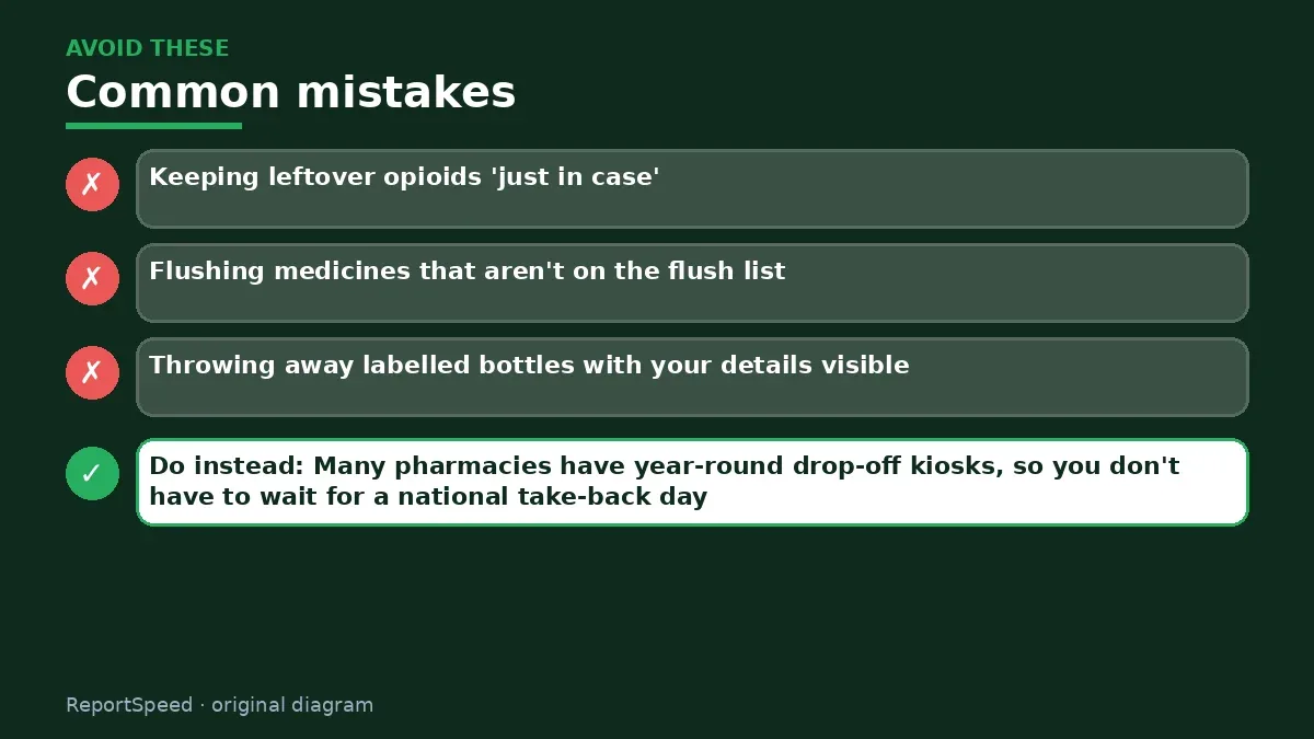 Callout graphic of common mistakes to avoid and what to do instead for How do I safely get rid of old or expired medicine