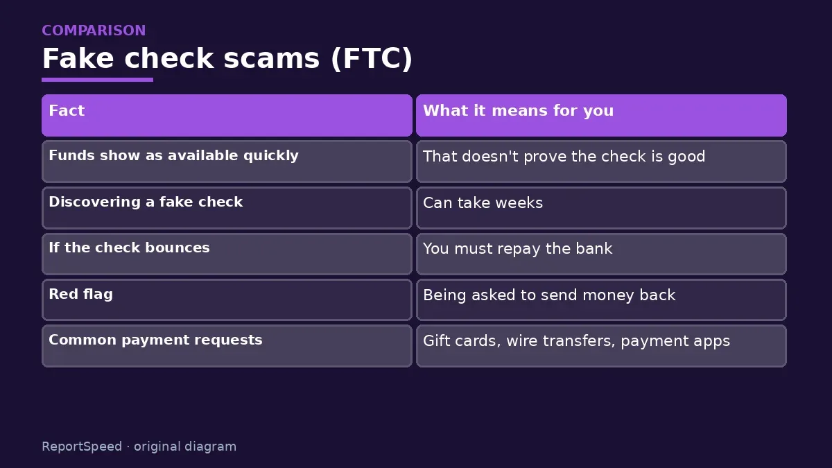 Comparison chart: Fake check scams (FTC)