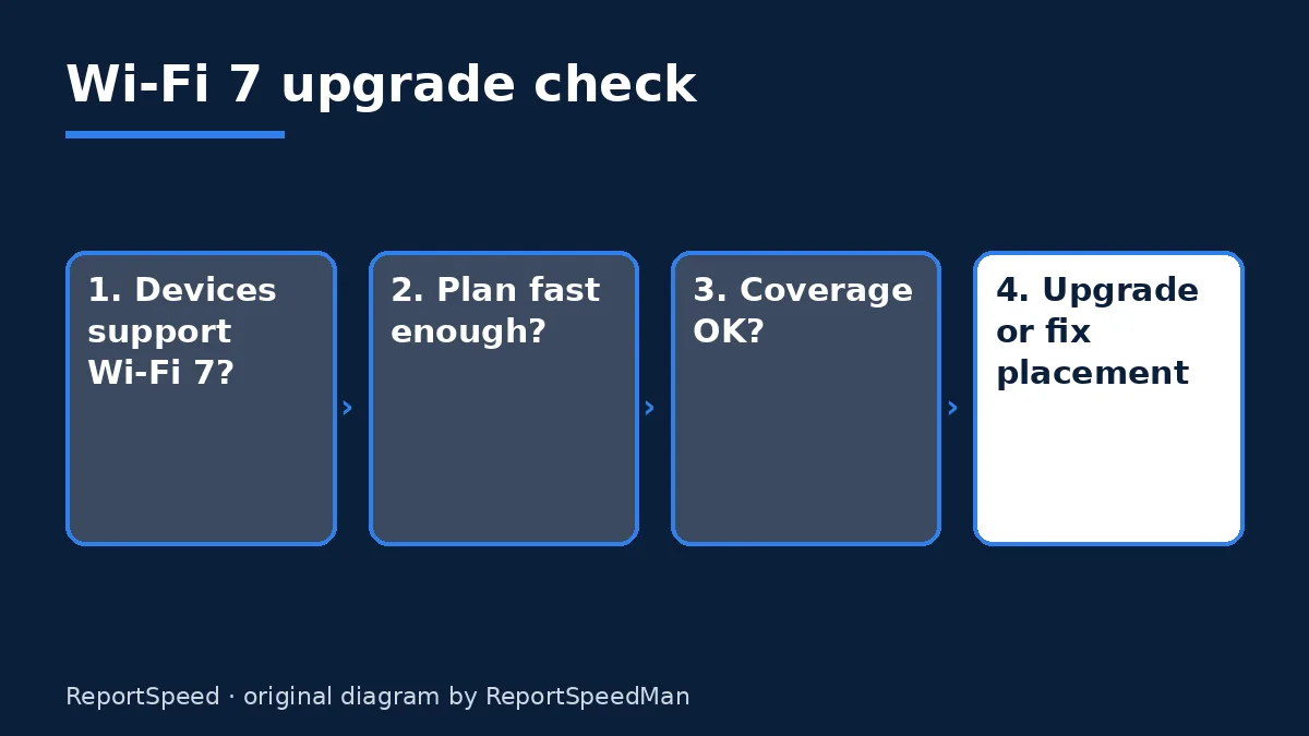Diagram: Wi-Fi 7 upgrade check — Devices support Wi-Fi 7?; Plan fast enough?; Coverage OK?; Upgrade or fix placement