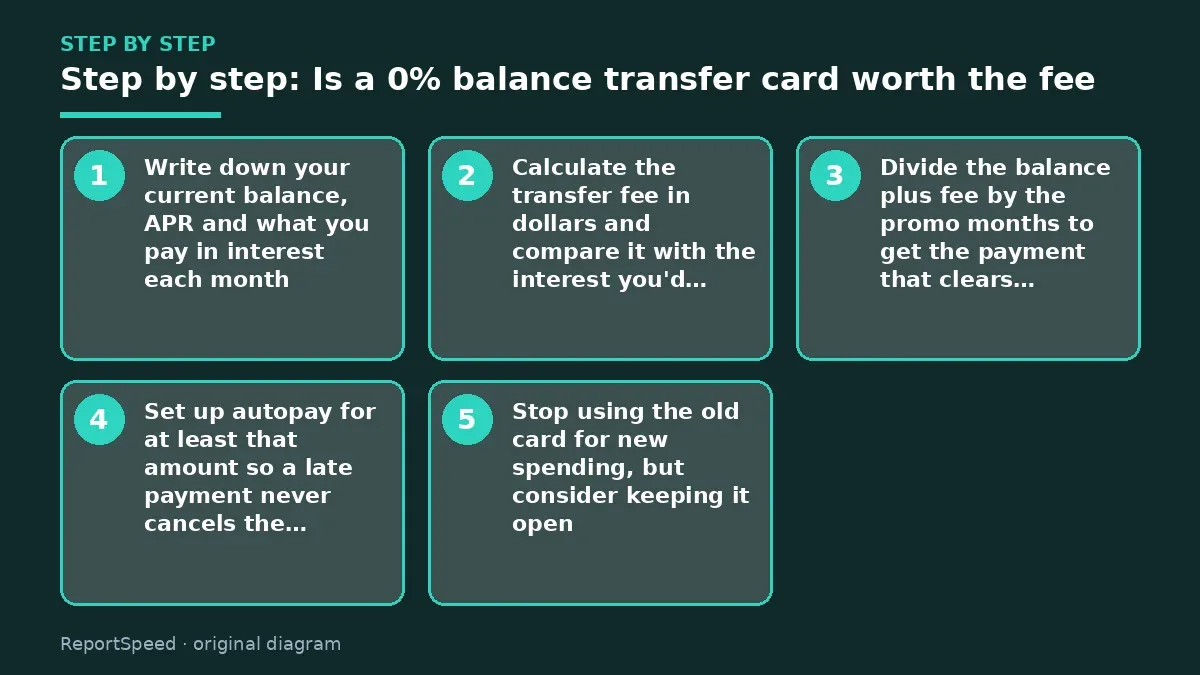 Step illustration: numbered steps for Is a 0% balance transfer card worth the fee