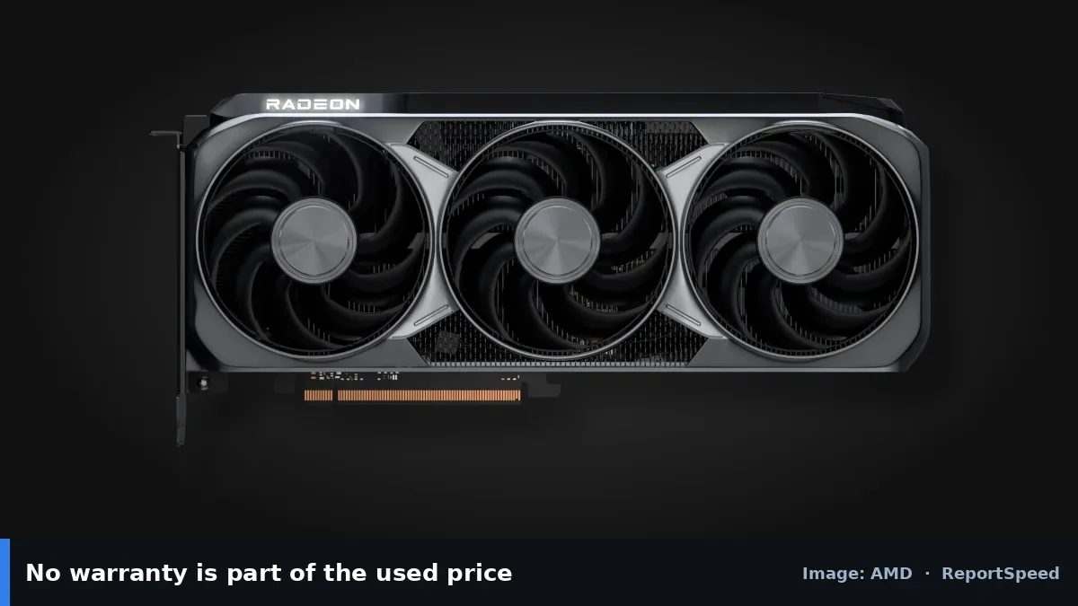 AMD Radeon RX 9070 XT graphics card (AMD official image), annotated: No warranty is part of the used price