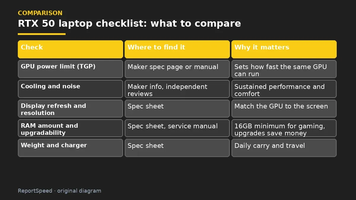 Comparison chart: RTX 50 laptop checklist: what to compare
