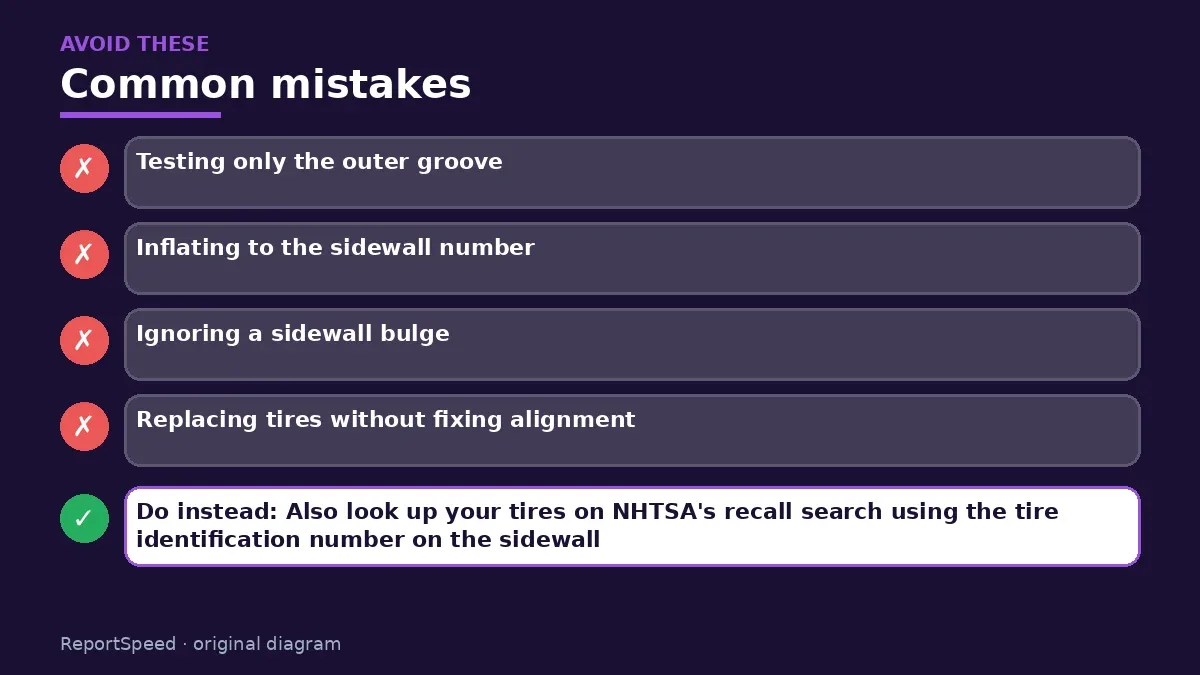 Callout graphic of common mistakes to avoid and what to do instead for How do I check tire tread depth, and when are tires worn out