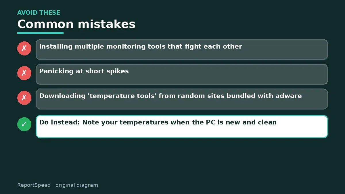 Callout graphic of common mistakes to avoid and what to do instead for How to check CPU and GPU temperatures in Windows without extra bloat